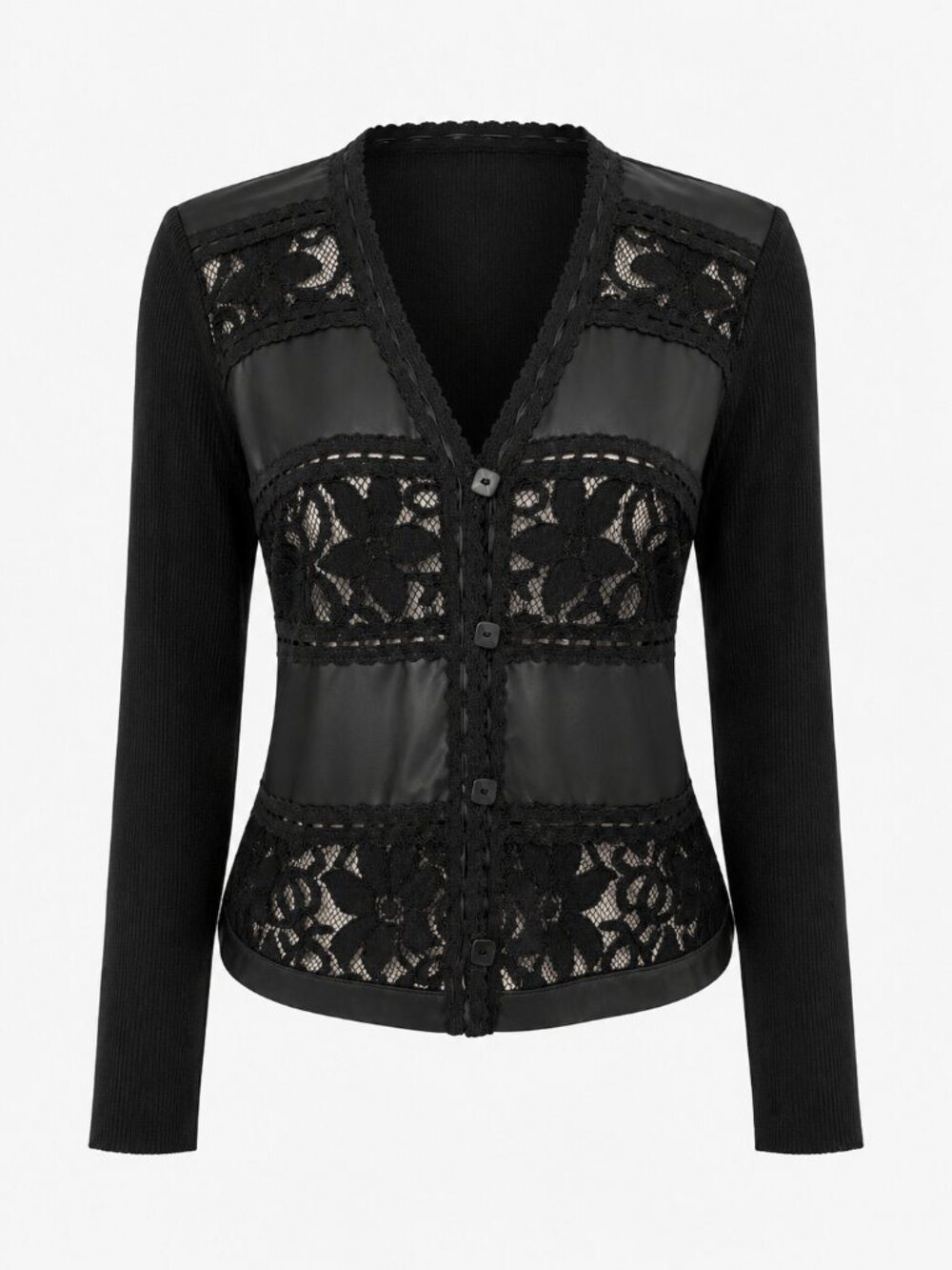 Vintage Black Lace Whimisigoth Leather Ribbed Cardigan Sweater S